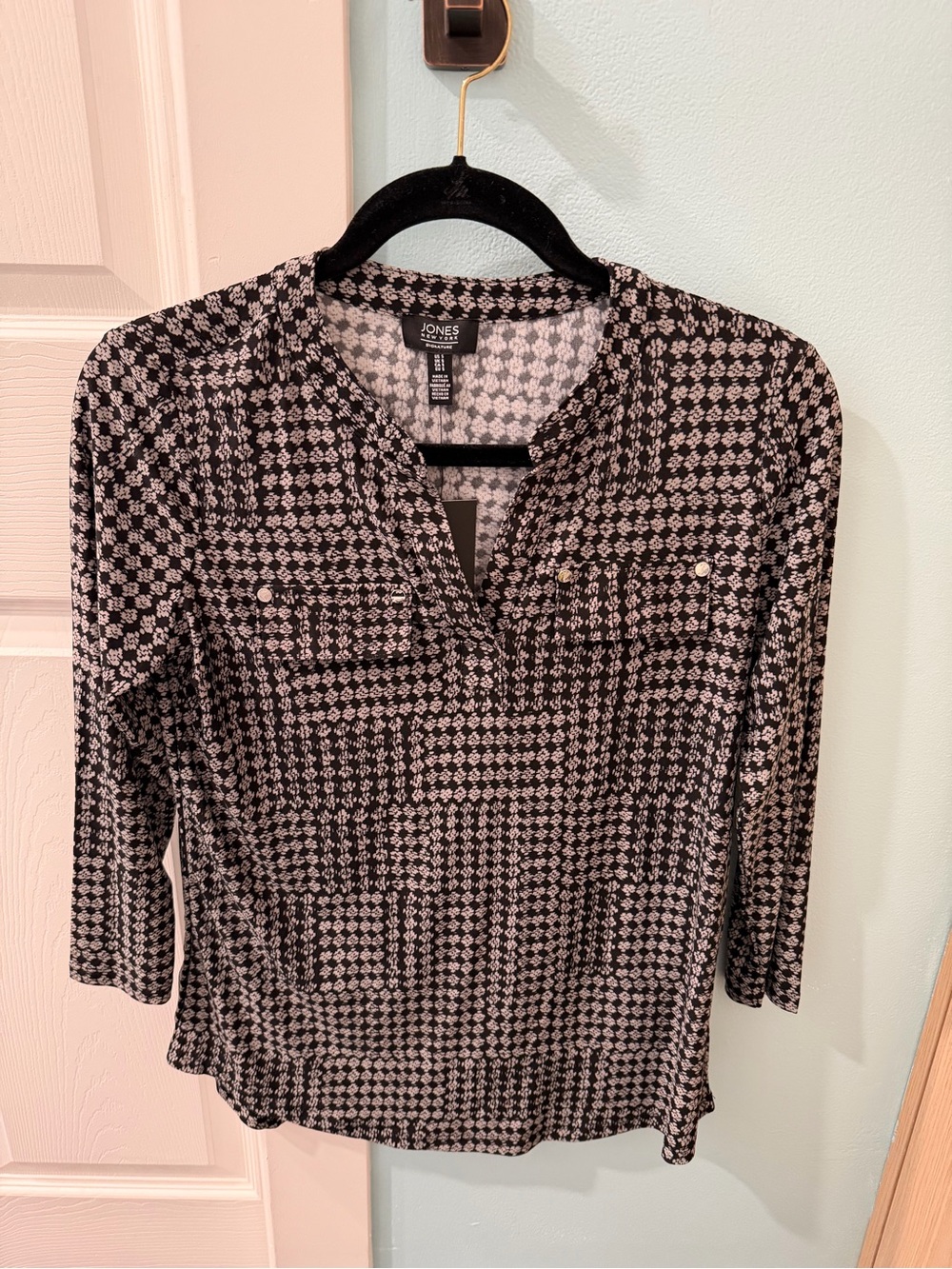 Jones New York Signature 3/4 Sleeve Women's Stretch Blouse Black & White Size S